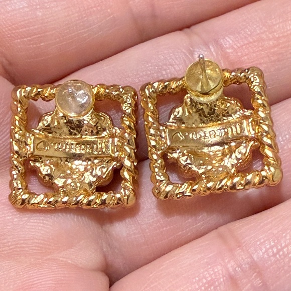 Vintage Tara Red / Retro Macaron Green Gold Tone Rhinestone Post Back Earrings - Picture 7 of 9